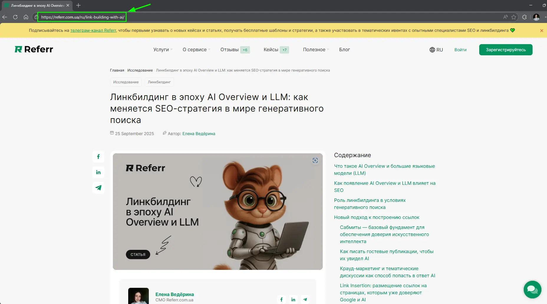 Приклад SEF URL (людино-зрозумілих URL-адрес) у блозі про лінкбілдинг та SEO на сайті referr.com.ua