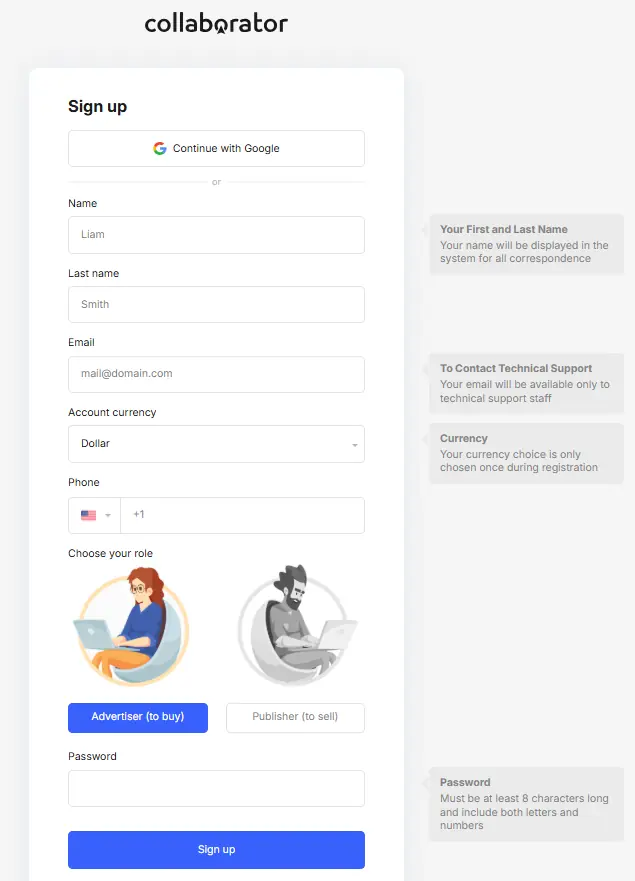 Регистрация на бирже прямой рекламы Collaborator Pro