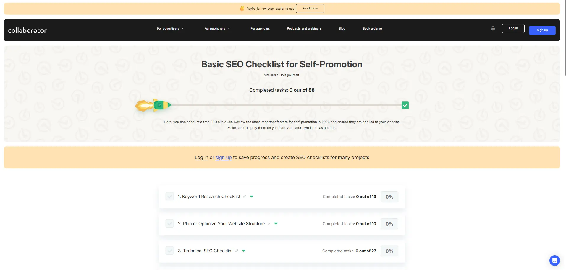 SEO-аудит нового сайта с помощью SEO Checklist от биржи прямой рекламы Collaborator.pro: внешний вид функционала SEO-чеклиста