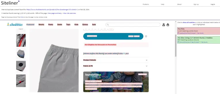 Аналіз внутрішнього дублювання контенту на сторінці товару. Візуалізація збігів у тексті допомагає оцінити вартість просування інтернет-магазину та обсяг необхідних правок