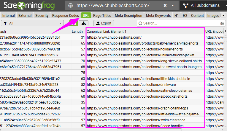 Аналіз стовпця «Canonical Link Element» у Screaming Frog. Перевірка канонічних адрес — основа внутрішньої оптимізації e-commerce-сайтів, що виключає дублювання сторінок у пошуку