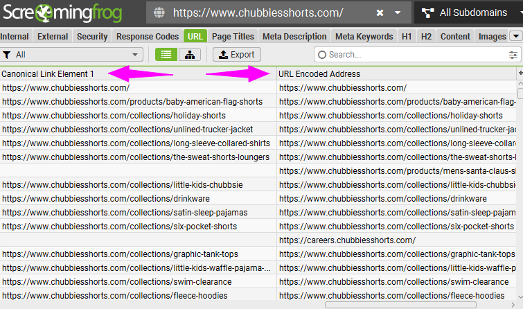 Поєднання елемента Canonical Link з URL-адресою в Screaming Frog