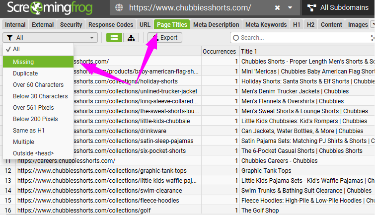 Фільтрація сторінок із відсутніми заголовками (Missing Page Titles) у Screaming Frog. Налаштування унікальних заголовків — критичний етап, що є частиною внутрішньої оптимізації e-commerce-сайтів для підвищення релевантності в пошуку