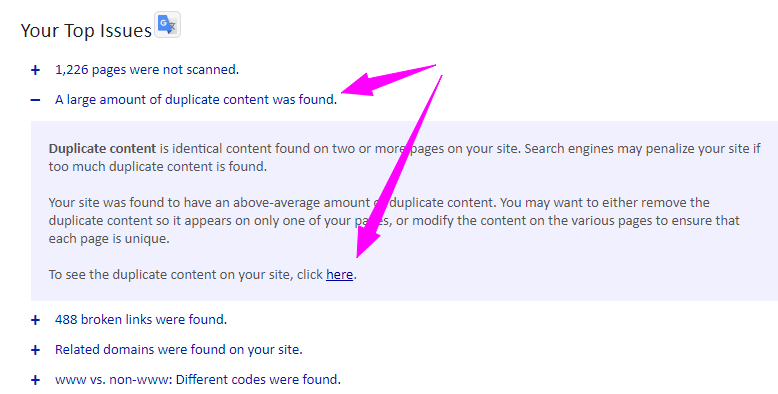 Виявлення критичних помилок сайту в Siteliner. Повідомлення про дубльований контент дозволяє вчасно скоригувати просування e-commerce-сайтів та уникнути санкцій Google
