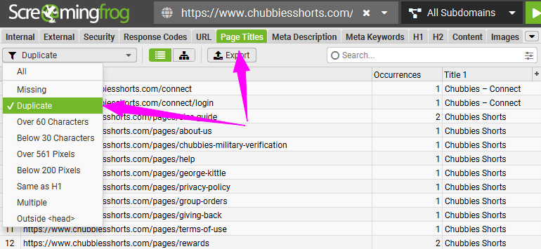 Виявлення однакових заголовків за допомогою фільтра Duplicate. Усунення дублікатів у метатегах є стандартною частиною SEO для інтернет-магазинів з метою підвищення унікальності контенту