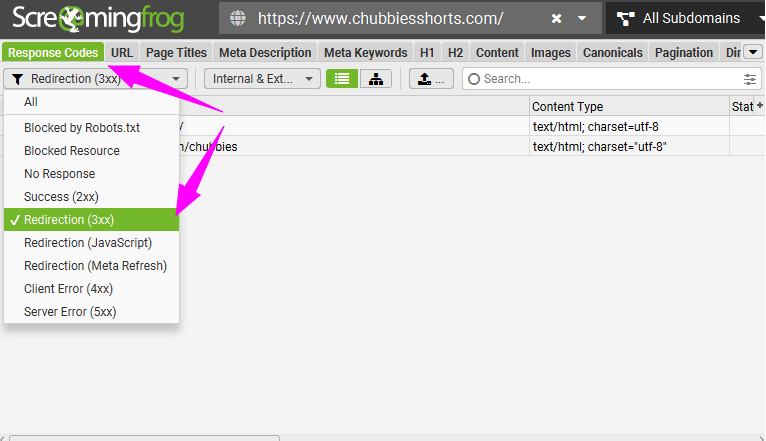 Аналіз перенаправлень у вкладці «Response Codes» із фільтром «Redirection (3xx)». Пошук тимчасових перенаправлень необхідний для технічного SEO-аудиту сайту електронної комерції
