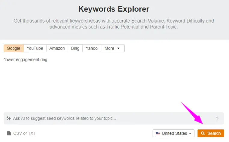 Стартове вікно Keywords Explorer в Ahrefs: аналіз ключових слів при пошуковому просуванні інтернет-магазину в Google