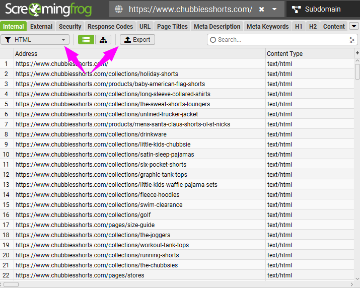 Спрощення експорту результатів сканування сайту за допомогою інструменту Screaming Frog. Фільтр за HTML. Виключення непотрібних файлів з аналізу прискорює технічний SEO-аудит e-commerce сайту та економить бюджет на сканування