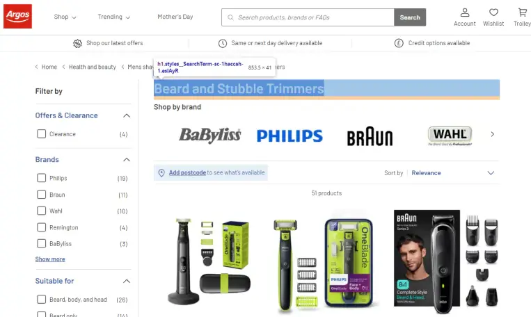 Приклад оптимізації заголовків: заголовок сторінки категорії товарів h1 має назву «Beard and Stubble Trimmers». Використання основного ключового слова та релевантного терміна (LSI) в єдиному тезі h1 є надзвичайно важливою складовою внутрішньої SEO-оптимізації інтернет-магазину для успішного просування e-commerce-сайтів