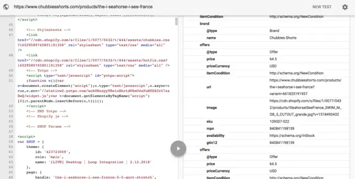 Приклад використання інструменту перевірки структурованих даних (Structured Data Testing Tool) на сайті Chubbies. Зліва відображається вихідний код сторінки, а праворуч — перетворені Google дані про товар, включаючи бренд, ціну та наявність, що необхідно для створення розширених сніпетів