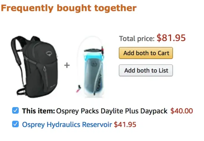 Приклад реалізації блоку «Frequently bought together» (Часто купують разом) на Amazon, де до основного товару (рюкзака Osprey) пропонується супутній аксесуар (гідратор). Така стратегія внутрішнього перелінковування не тільки збільшує середній чек, але й створює потужні внутрішні посилання на релевантні товари