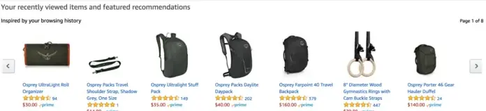 Скриншот розділу «Customers who viewed this item also viewed», що відображає десятки релевантних товарів на основі пошукового інтенту користувача. Ця механіка перелінковки допомагає пошуковим роботам та AI-системам краще розуміти зв'язок між категоріями товарів в інтернет-магазині