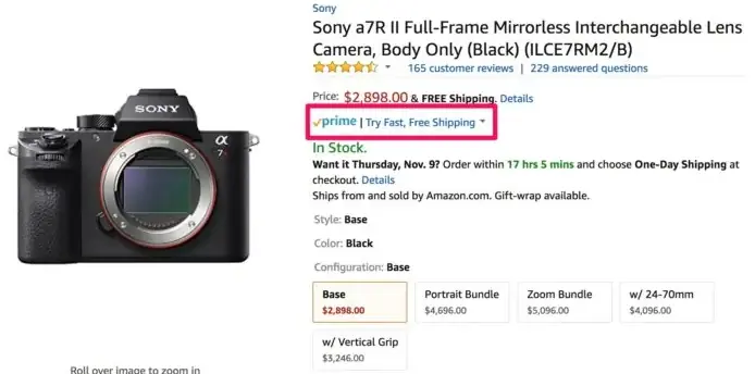 Сторінка товару на Amazon (камера Sony a7R II) із виділеною перевагою програми Prime: «Try Fast, Free Shipping». Це приклад ефективної комерційної пропозиції, яка задовольняє потребу покупця у швидкій та безкоштовній доставці, підвищуючи конверсію сторінки