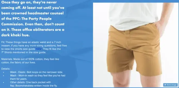 Приклад опису товару на сайті Chubbies, де акцент зроблено на стилі життя та гуморі, а не лише на характеристиках тканини. Рекламний текст передає цінності бренду («задоволення та відпочинок»), що є частиною сильної комерційної пропозиції, яка виділяє компанію серед конкурентів