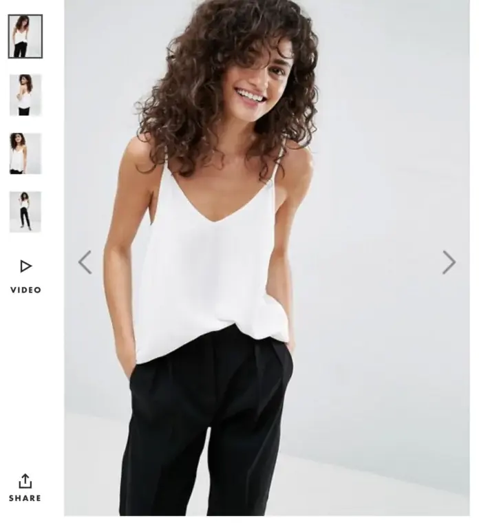 Приклад якісного візуального контенту в інтернет-магазині ASOS: використання професійного освітлення та демонстрація одягу на моделі в реальному житті. Реалістичні фотографії допомагають покупцеві краще уявити товар на собі, що значно підвищує довіру до бренду та ймовірність здійснення покупки