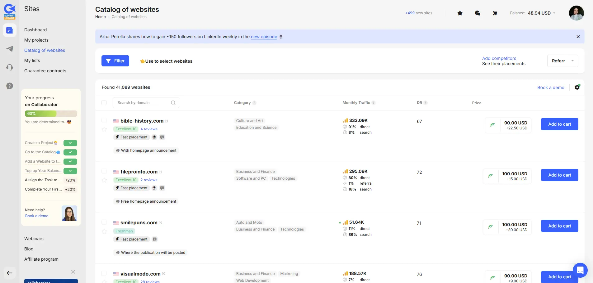 Інтерфейс каталогу майданчиків на платформі Collaborator.pro для лінкбілдингу та аутрічу. У списку представлені сайти різних тематик (історія, бізнес, гумор, маркетинг) з детальною аналітикою: обсягом щомісячного трафіку (до 333 тис.), показником Domain Rating (DR від 67 до 76) та вартістю розміщення. Наявність таких даних дозволяє швидко фільтрувати якісних донорів для публікації гостьових постів та ефективного просування інтернет-магазину