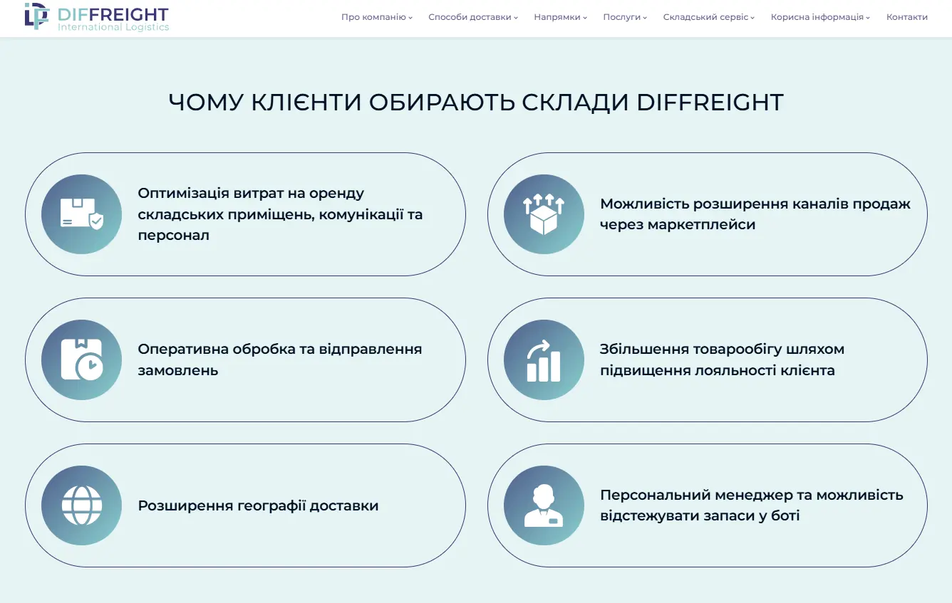 Перевага логістичної компанії Diffreight: доставляють товари на склади Амазон в Європі, США, FBA та мають власні склади в Україні, США та Китаї